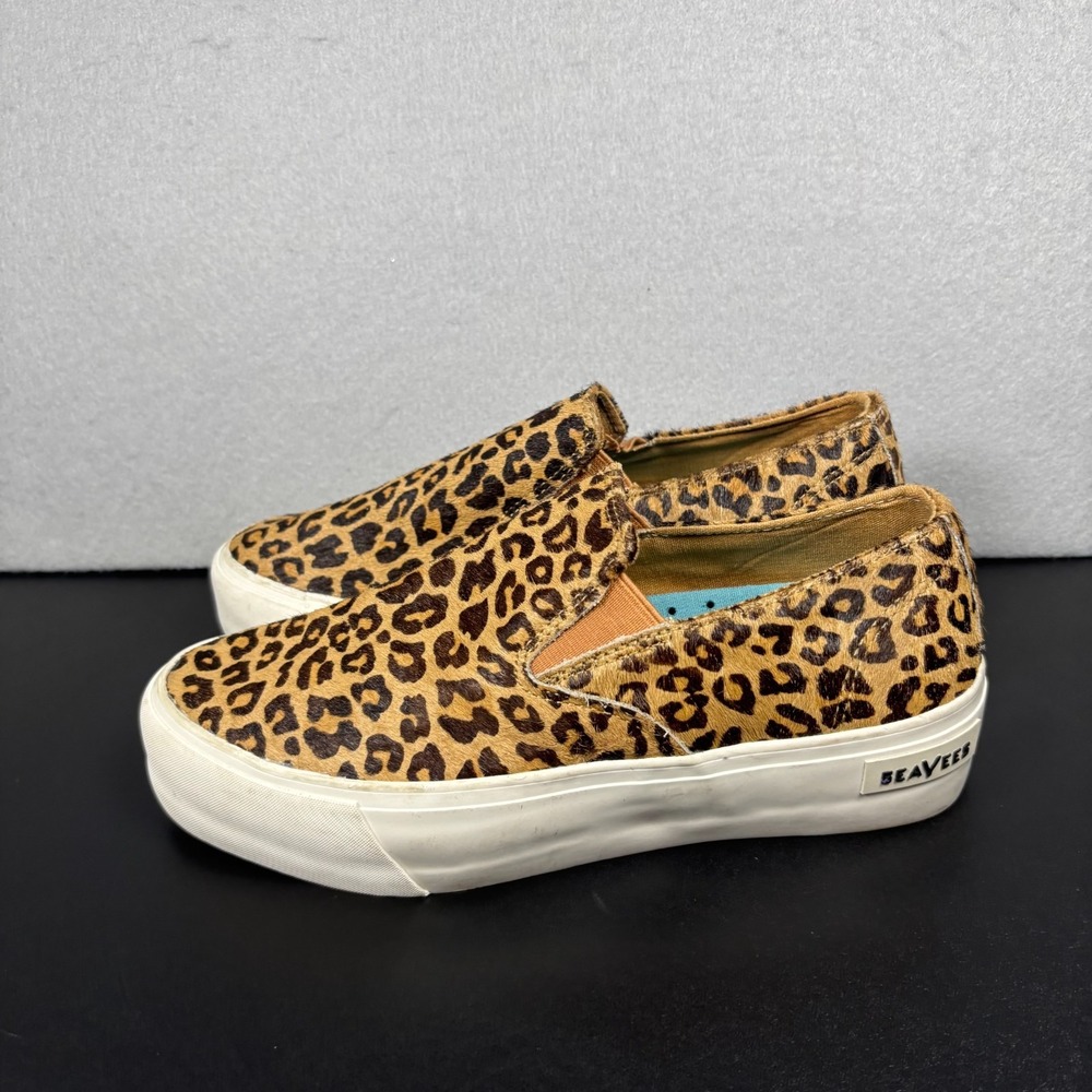 SEAVEES BAJA PLATFORM WOMENS 7.5 LEOPARD CHEETAH COWHIDE PRINT SLIP ON SHOES